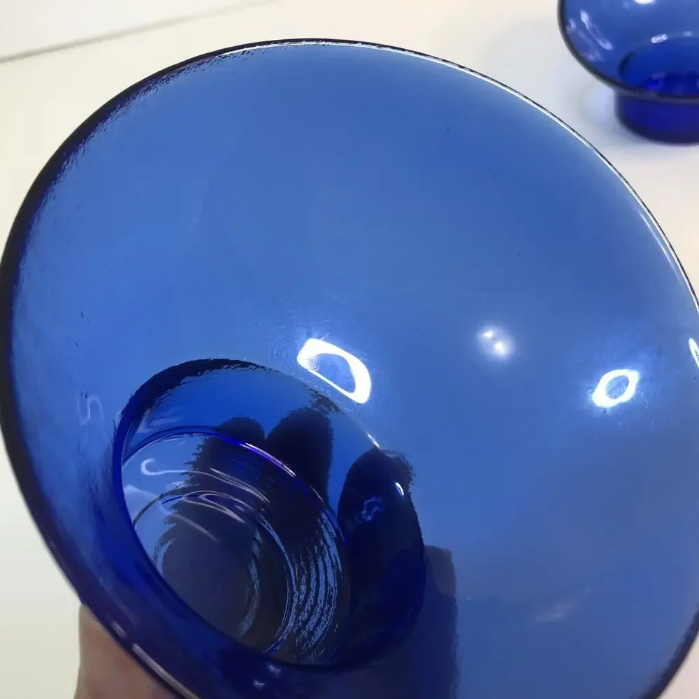 MCM egg shaped textured glass candle holder set of 2 3-inch cobalt blue